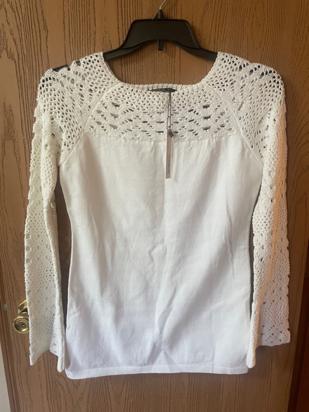 White Crochet Yoke Long Sleeve Knit Top